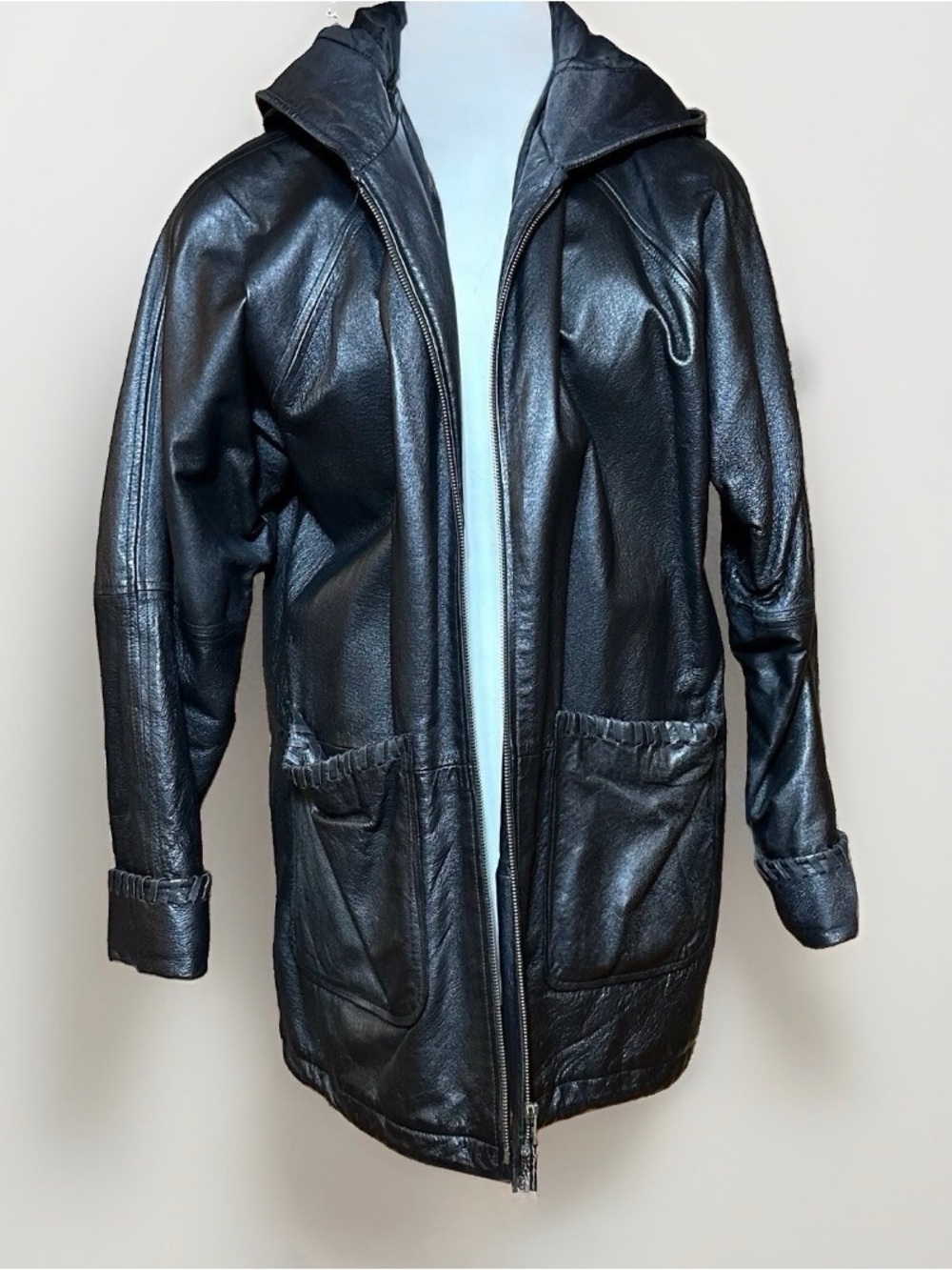 Men’s Jacqueline Ferrar Small Black Leather Hooded Jacket